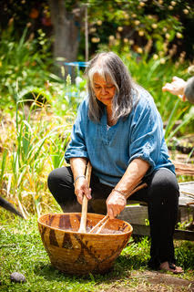 Northern Sierra Mewuk Basketweaver / Festival CuratorJennifer Bates cooking Nupa (Acorn Soup) in a traditional woven basket at our 2nd Annual (virtual) California Native Ways Festival in 2021. Photo by Austin Stevenot (Northern Sierra Mewuk).