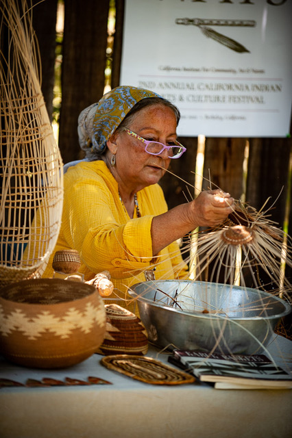 Karuk Basketweaver Dixie Rogers demonstrating her technique at the 2nd Annual California Native Ways Festival (online) on 21 June 2021 (photo by Austin Stevenot, Northern Sierra Mewuk)
