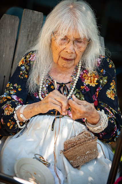 Renowned California Indian Basketweaver Julia Parker making string for her baskets at the 2nd Annual California Indian Arts & Culture Festival (online), 21 June 2021 Photo by Austin Stevenot (Northern Sierra Mewuk)