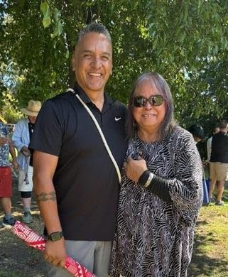 Robert Geary, Elem Pomo Dance Group Leader (left) 
Jennifer Bates, Festival Curator and Culture Bearer (right), at the 6th Annual California Native Ways Festival, Live Oak Park, Berkeley, 20 September 2025. Photo by Claire Greensfelder.